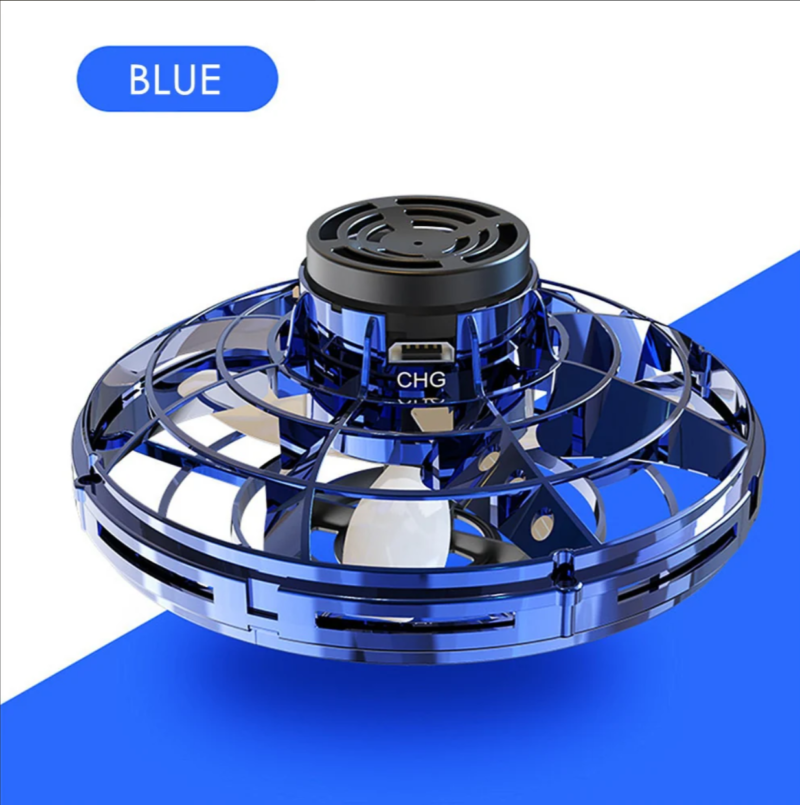 Colorful flying spinner toy spinning mid-air with LED lights glowing brightly